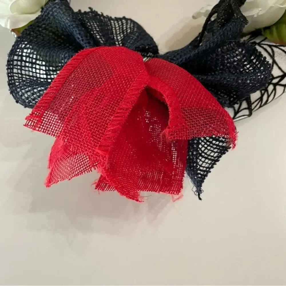 Halloween Spider Wreath White Roses Black Bow 11